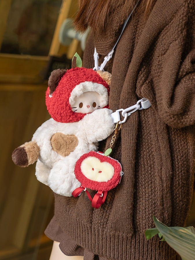 White Kitty-shaped Plush Backpack/Crossbody Bag + Red Apple Hat + Apple Backpack Keychain Middle/Large Size