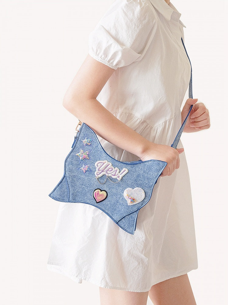 Stars and Sweethearts Decorated Denim Blue Butterfly Shaped Backpack