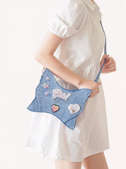 Stars and Sweethearts Decorated Denim Blue Butterfly Shaped Backpack