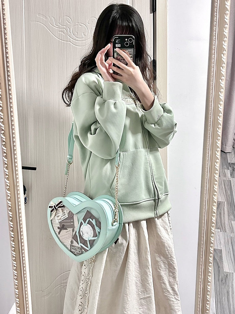 Green Heart-shaped PU Ita Bag with Bowknot