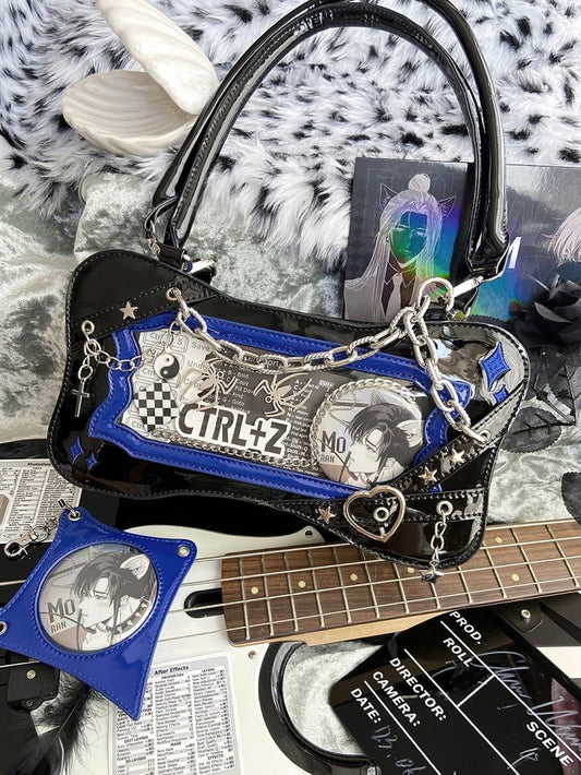 Black & Dark Blue Bone Shape Ita Shoulder Bag with Cross Charm Chain