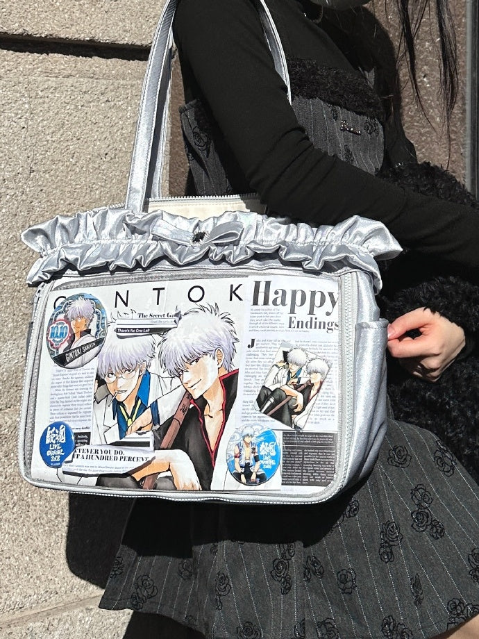 Silver Ruffle Trim Rhinestone Bowknot Large Volume Ita Tote Bag