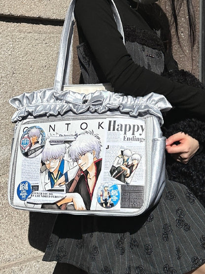 Silver Ruffle Trim Rhinestone Bowknot Large Volume Ita Tote Bag