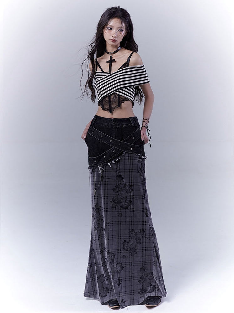 Black Low Waist Criss-cross Studded Strap Plaid Rose Mermaid Skirt
