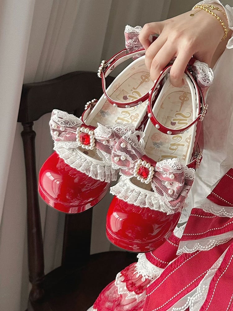 Polished Red Detachable Rhinestone And Beaded Decorated Bowknot Lace Trim Platform High Block Heels