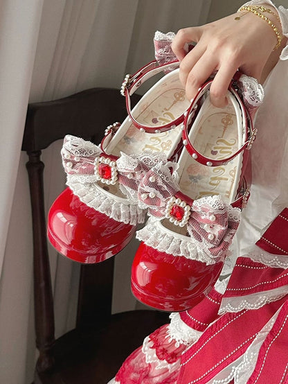 Polished Red Detachable Rhinestone And Beaded Decorated Bowknot Lace Trim Platform High Block Heels
