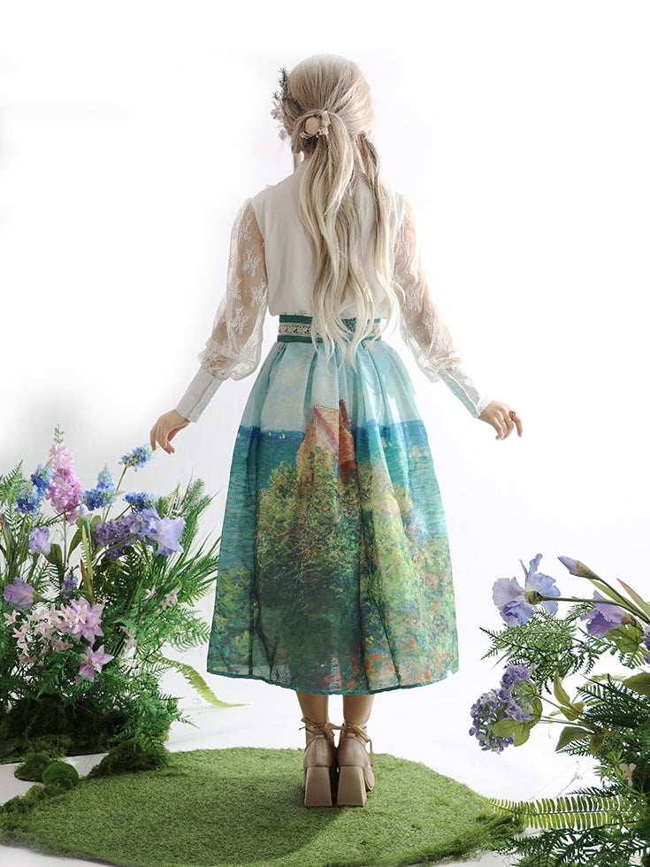 Fisherman's Cottage Oil Painting Print Geen High Waist Skirt Long/Short Version