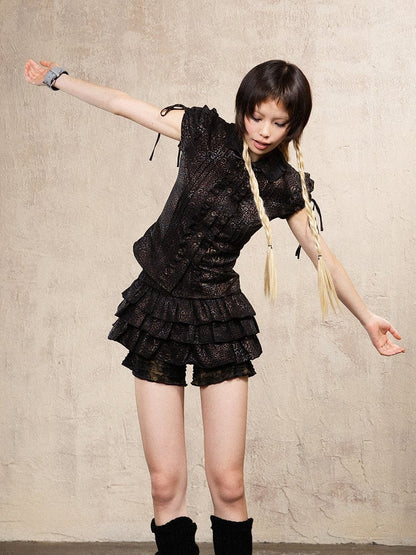 Y2K Gyaru Fashion Black Short Sleeve Leopard Print Punk Top with Ruffle Trim & Puff Sleeves