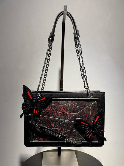 Red Ita Shoulder Bag with Gold Butterfly and Spiderweb Details – Small Capacity