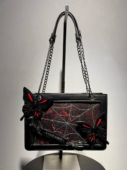 Red Ita Shoulder Bag with Gold Butterfly and Spiderweb Details – Small Capacity