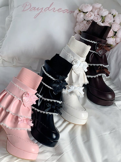 PU White Sweet Lolita High Block Heel Boots - Heart Buckle with Detachable Tiered Ruffles & Bow Details