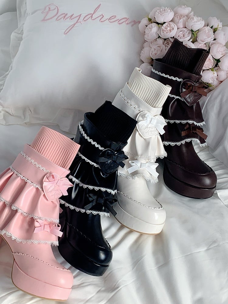 Bow Accents, Stretchy Sock Top Design & Detachable Tiered Ruffles PU Black High Block Heel Boots in Sweet Lolita