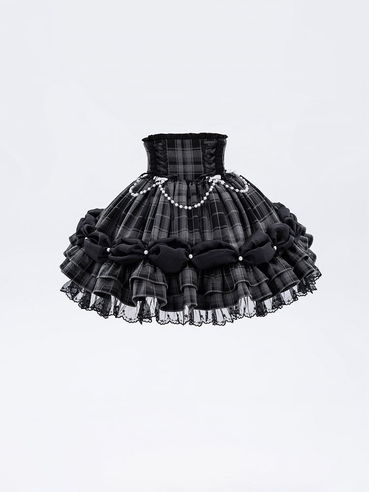 Bead Chain and Bow Accents Adorned High Waist Jirai Kei All Grey Plaid Skirt