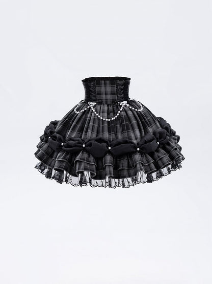 Bead Chain and Bow Accents Adorned High Waist Jirai Kei All Grey Plaid Skirt