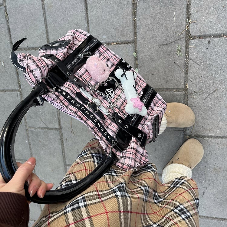 Black & Pink Plaid Y2K Shoulder Bag with Puppy and Bone Plushie