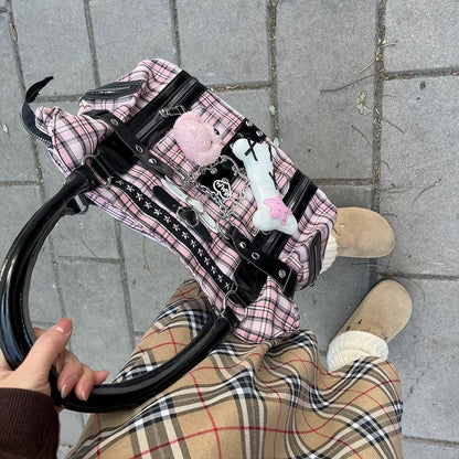 Black & Pink Plaid Y2K Shoulder Bag with Puppy and Bone Plushie