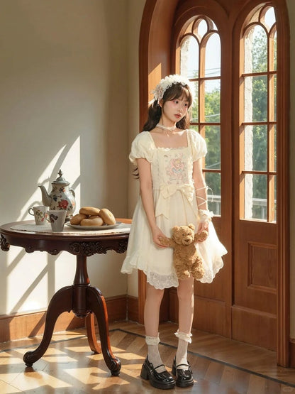 Sweet Fairy Tale Print Apricot Square Neckline and Short Puff Sleeves Big Bow Waist Casual Lolita Dress