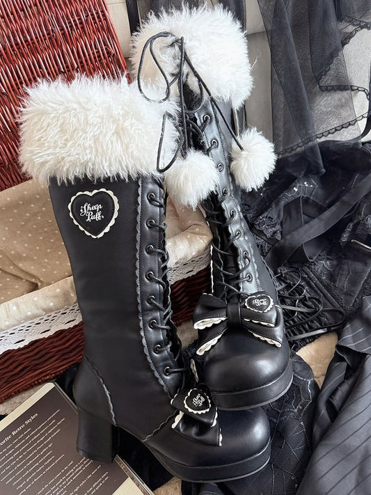 Sweet Black Lolita Boots - PU Heeled Design with Plush Collar, Bow Details & Pompom Accents