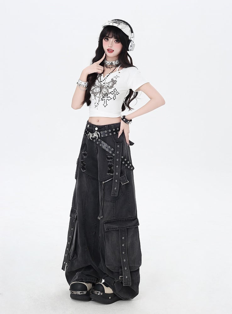 Black Low Rise Distressed Holes Wide-leg Cargo Jeans