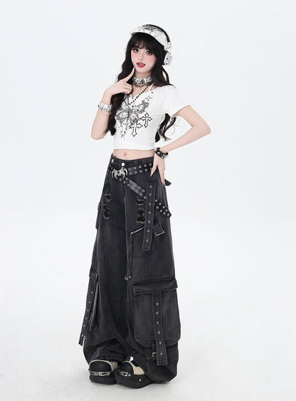 Black Low Rise Distressed Holes Wide-leg Cargo Jeans