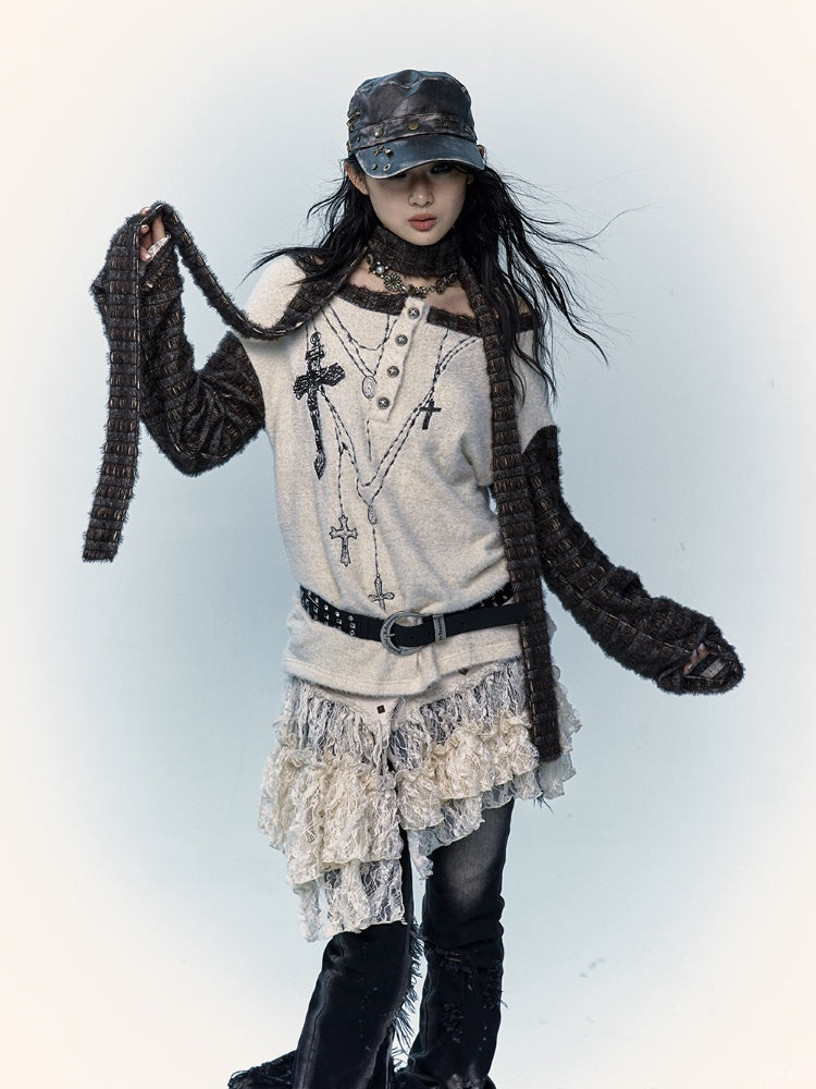 Off-the-shoulder Cross Embroidery Apricot Top with Scarf