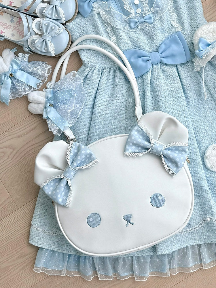 Blue&White Polka-dot Pattern Bowknot Details Bear Tote Bag