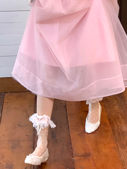 Yellow/Pink/Blue/Black Beaded Bowknot Lace Trim Polka-dot Pattern Ankle Socks