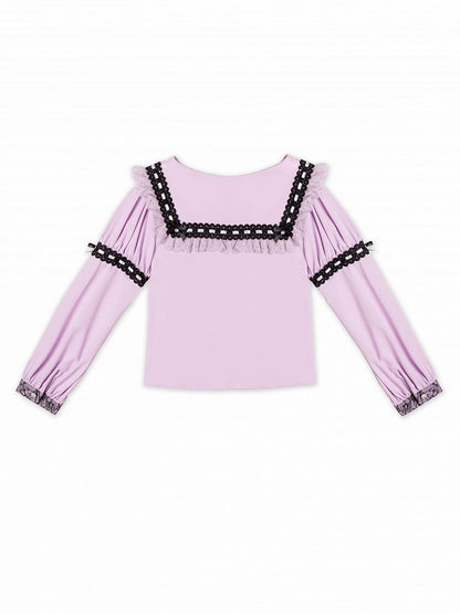 Purple Jirai Kei Lace Trimming Sailor Collar Long Sleeves Blouse