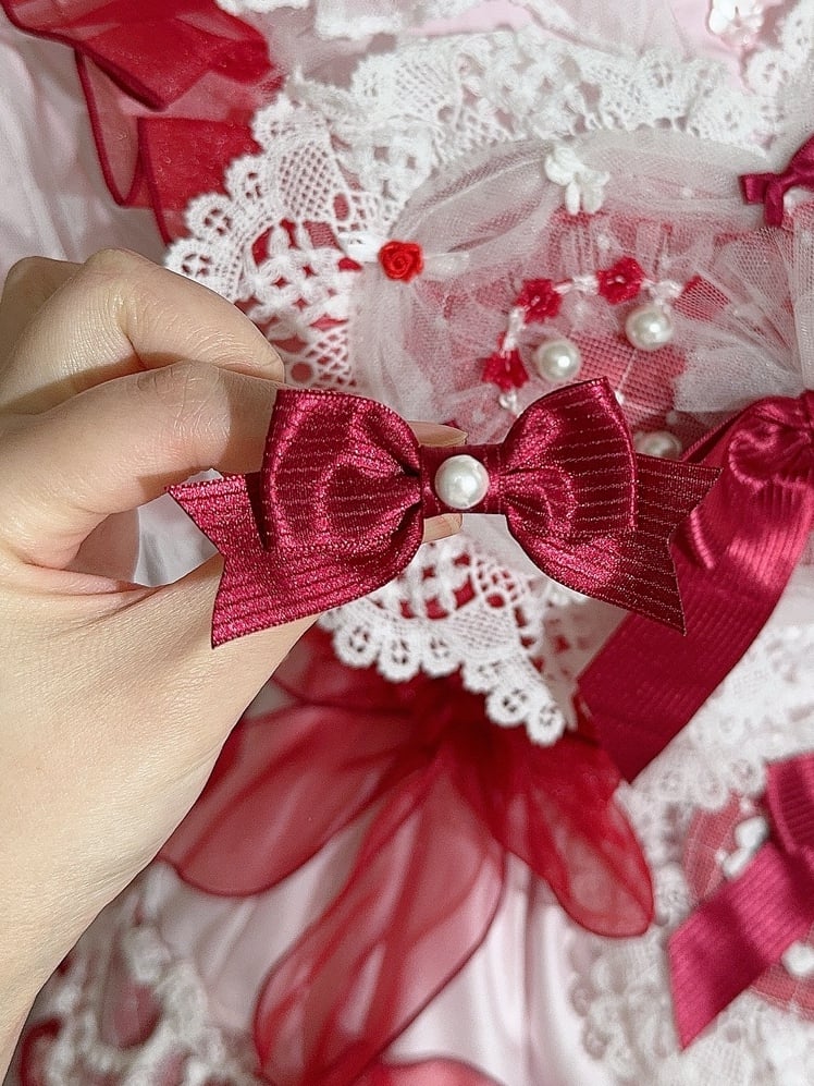 Red Beaded Decorated Striped Pattern Bowknot Ring