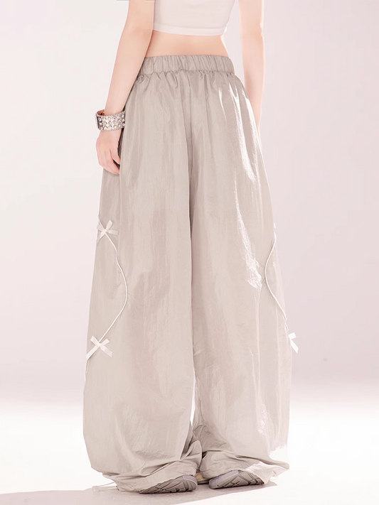 Gray Drawstring Waist and Cuffs Bowknot Details Wide-leg Casual Pants