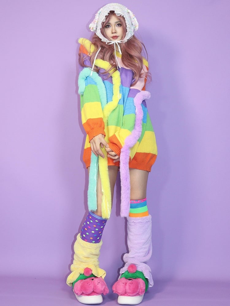 Gyaru Fashion Perple&Yellow Plushie Leg Warmers + Colorful Striped And Polka-Dot Pattern Over-Knee Stockings