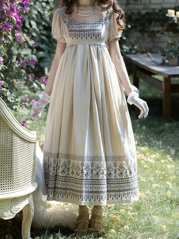 Foldover Design Neckline Blue Vintage Embroidery Empire Waist Elegant Lolita One Piece Long/Short Version