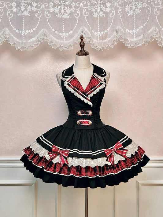 Preppy Style Black & Red Plaid Notched Collar Lolita Dress with Lace Trim and Bow Accents