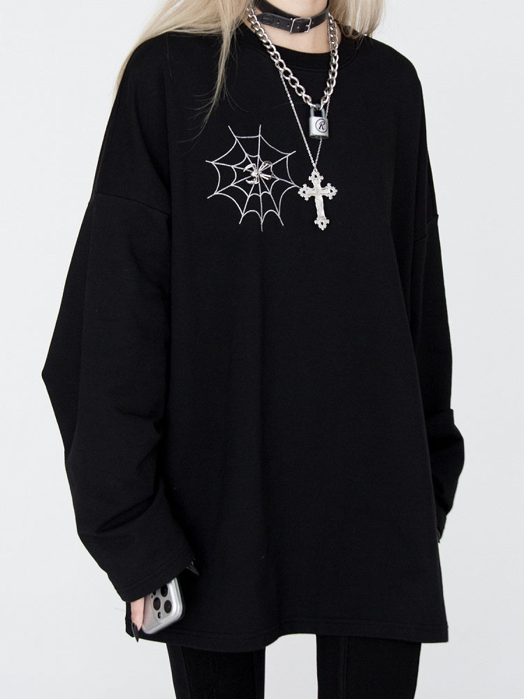 Spiderweb Embroidered Black Sweatshirt with Detachable Metal Spider