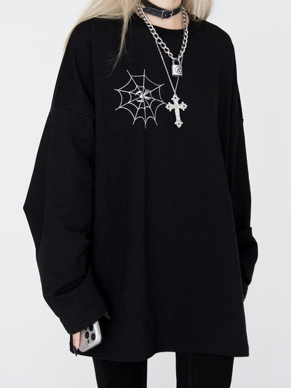 Spiderweb Embroidered Black Sweatshirt with Detachable Metal Spider