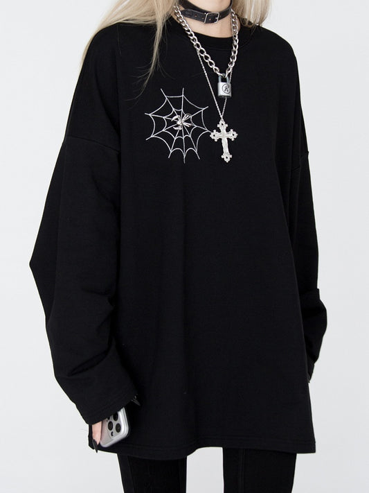Spiderweb Embroidered Black Sweatshirt with Detachable Metal Spider