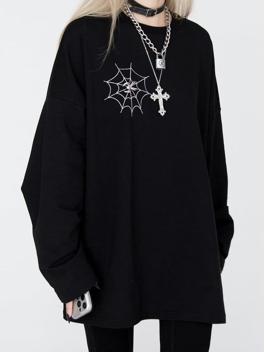 Spiderweb Embroidered Black Sweatshirt with Detachable Metal Spider