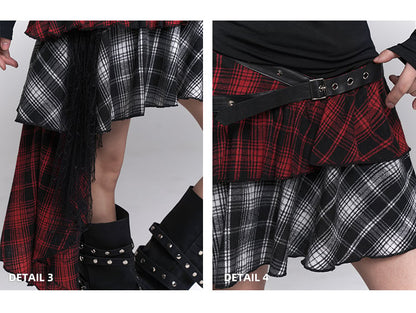 Red & Black Mesh Patchwork Asymmetrical Plaid Skirt with PU Buckle Belt
