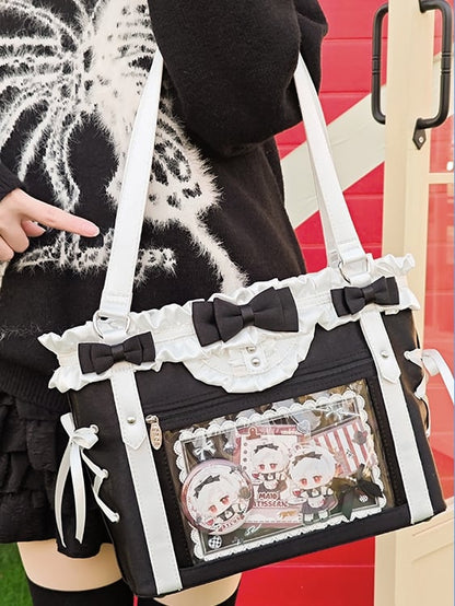 Black&White Bowknot Details Ruffles Trim Lace-up Design Ita Bag