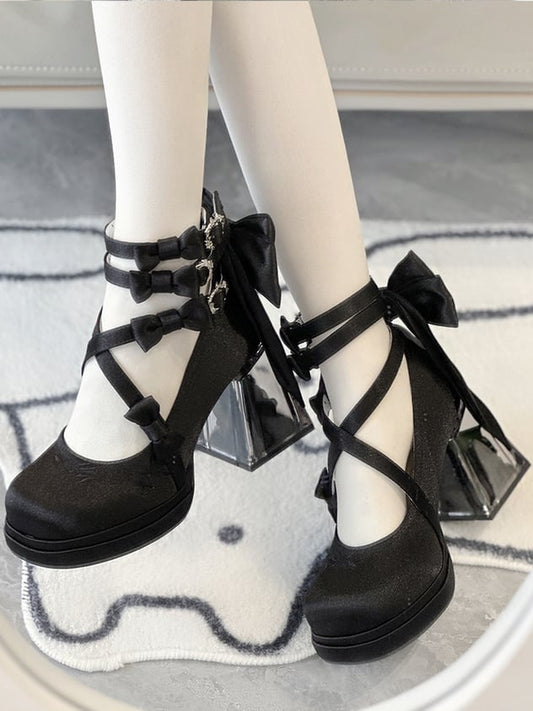 Black Camellia Flower High Block Heel Elegant Platform High Heels