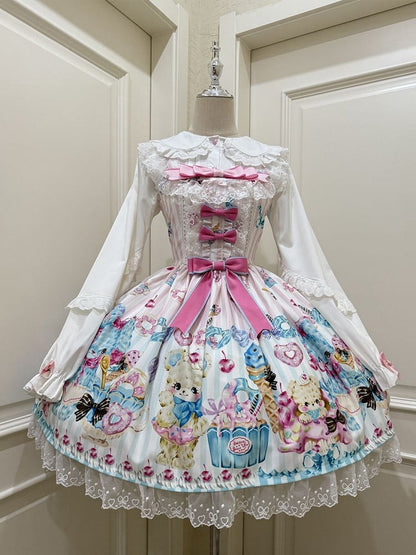 Teddy and Ice Cream Print White Sweet Lolita Jumper Skirt