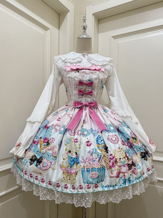 Teddy and Ice Cream Print White Sweet Lolita Jumper Skirt