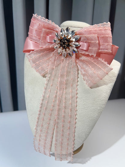 Black/Pink Preppy Style Rhinestone Decorated Bow Tie/Brooch