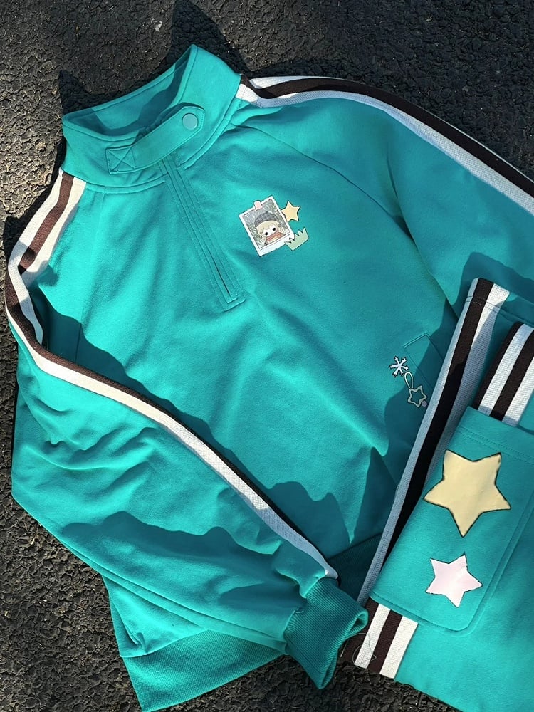 Blue High Neck Sporty Sweatshirt with Side Stripes