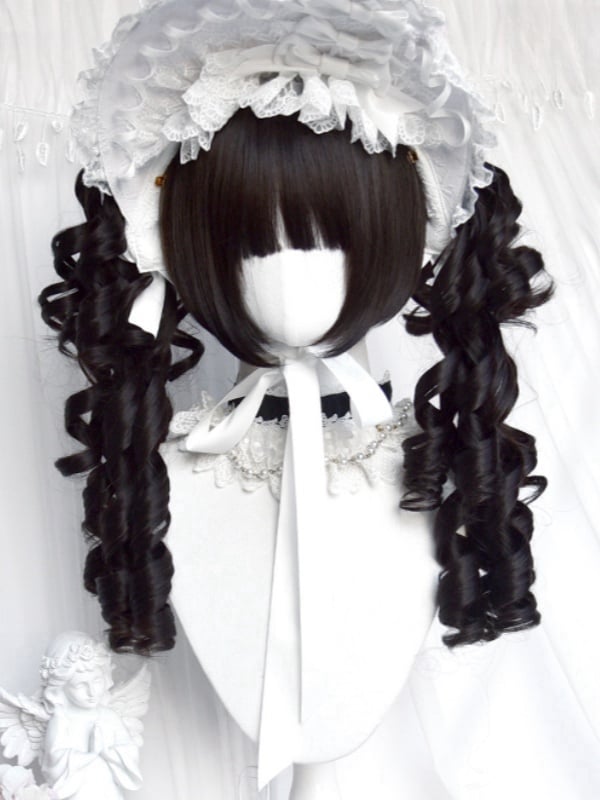 Clearance-Black Jirai Kei Short Bob Cut Wig With Bangs＋Double Ponytail Claw Clips