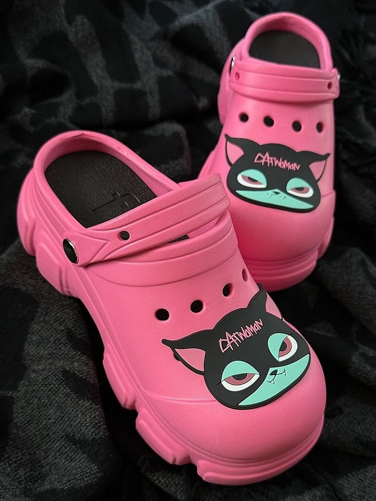 Black Cat Rose Pink Gothic Crocs Hollow Out Vented Clogs