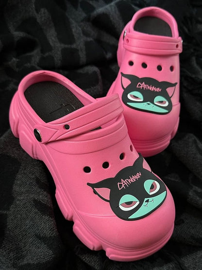 Black Cat Rose Pink Gothic Crocs Hollow Out Vented Clogs