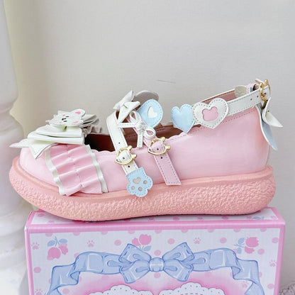 PU Pink Sweet Lolita Mary Janes - 3cm Flat Sole with Bear Theme & Heart Accents