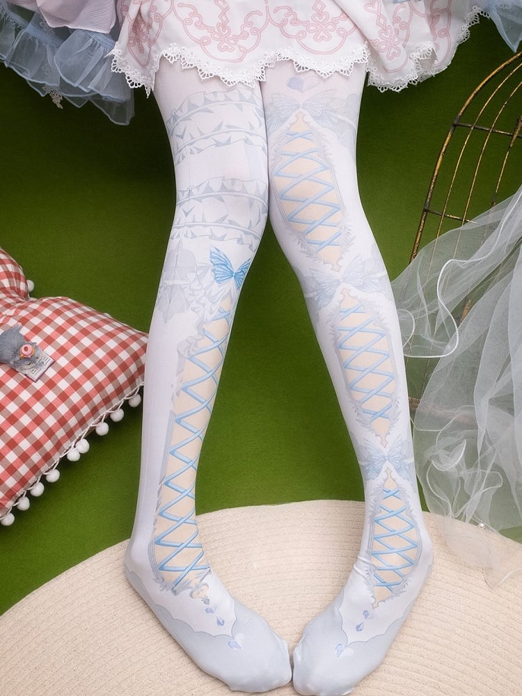 Pink/Blue/Black/Yellow/Red Asymmetrical Crisscorss Banded And Butterfly Print Tights