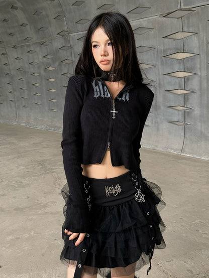 Black Punk Rock Zip Closure Knit Hooded Top